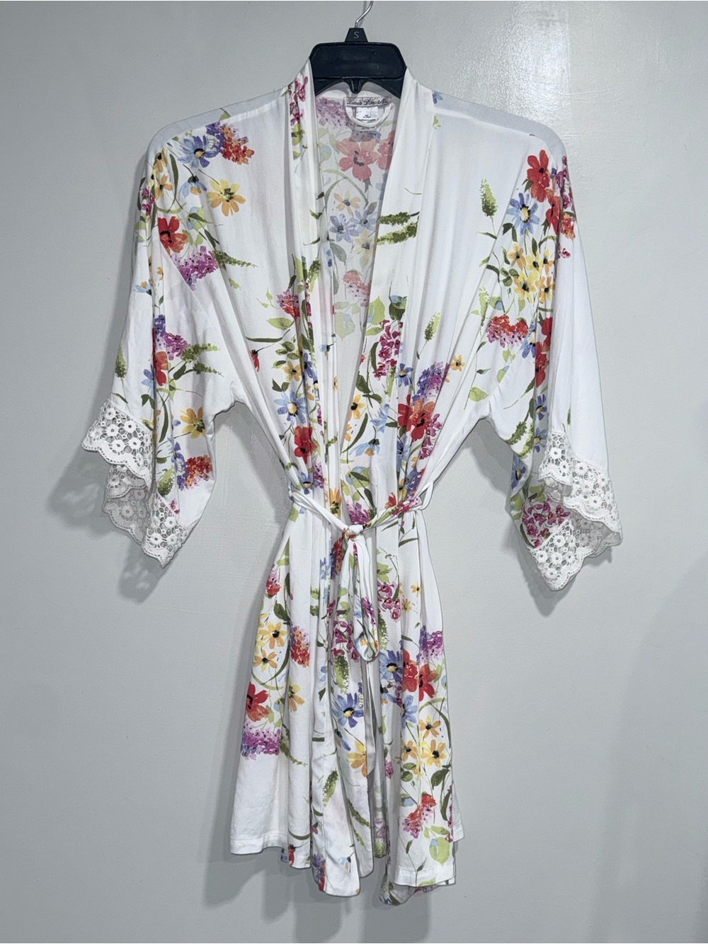 Linea Donatella White Floral Lace-Trim Kimono Cover-Up